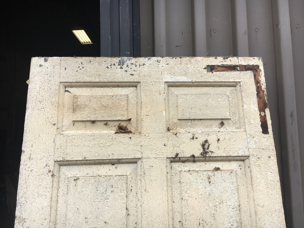 c1830 Raised panel door old crusty paint 77 x 29.5" - Five panel old hardware