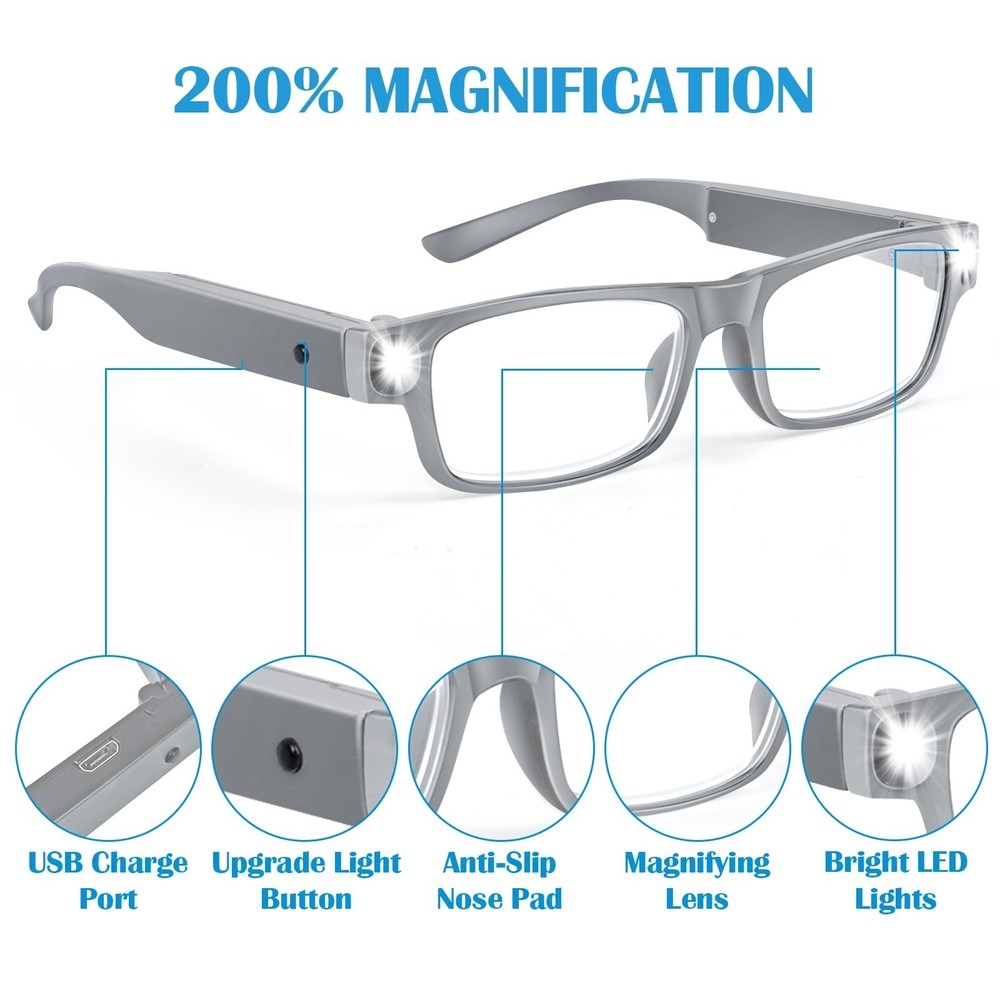 200% Magnifying Glasses with Light,USB Rechargeable Lighted Magnifying Eyewea...
