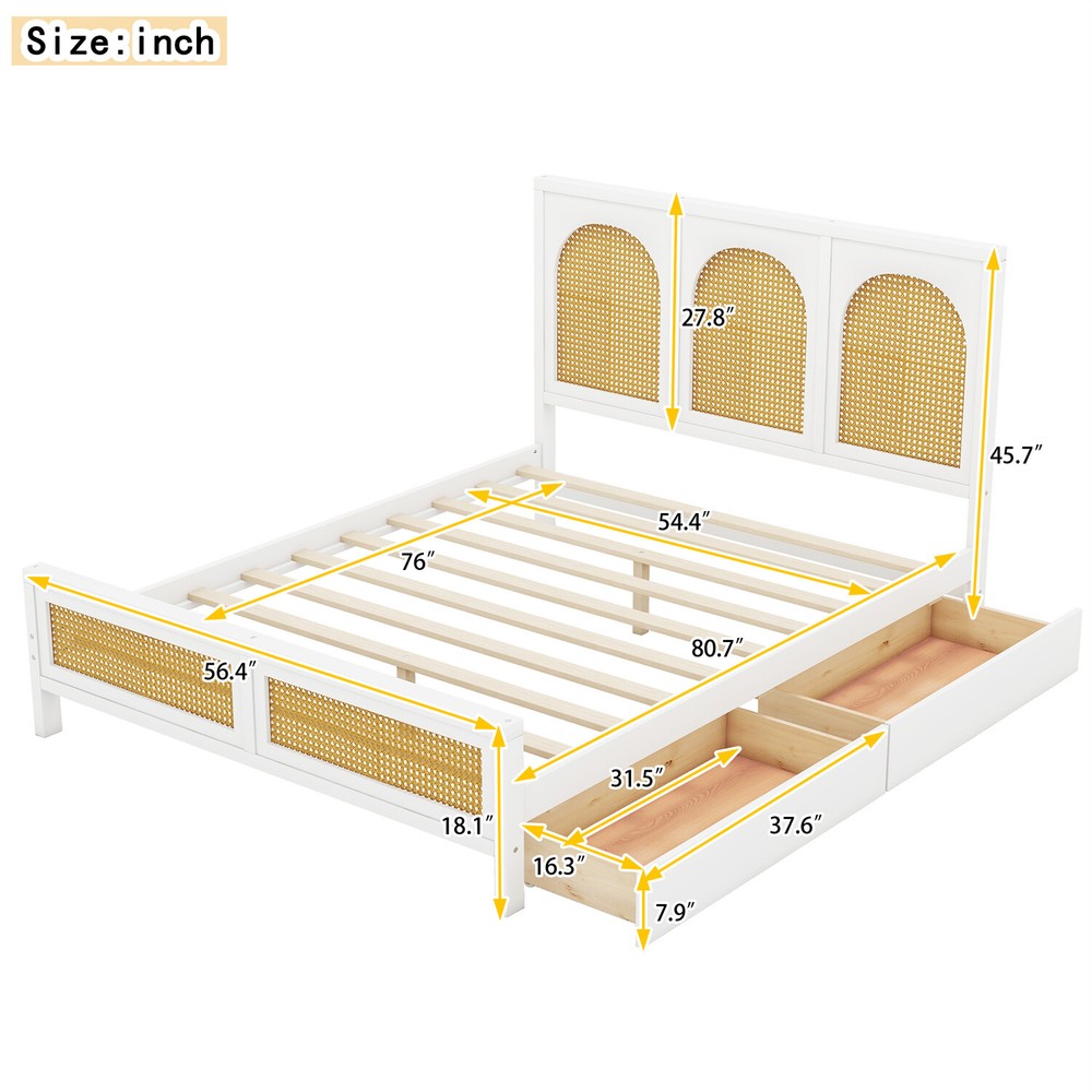 Full Size Bed Frame Wood Platform Bed Frame with Headboard & 2 Drawers White