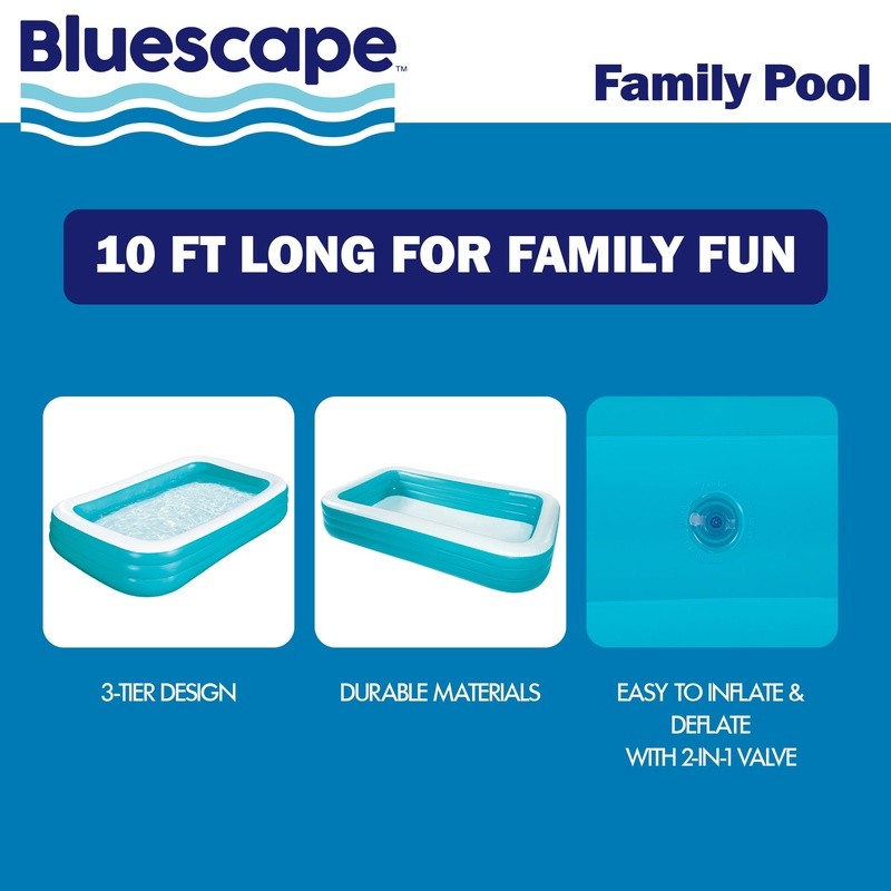 10ft Inflatable Family Pool Rectangular Above Ground Easy Setup Puncture Proof
