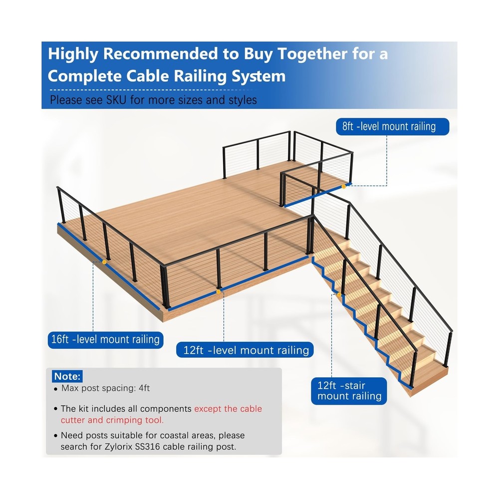 4ft-8ft Complete Set Cable Railing System 36", Black T304 Stainless Steel Ang...