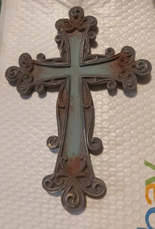 Wall Cross Dicksons Rustic Looking Brown & Turquoise Color Inlay 10 3/4"