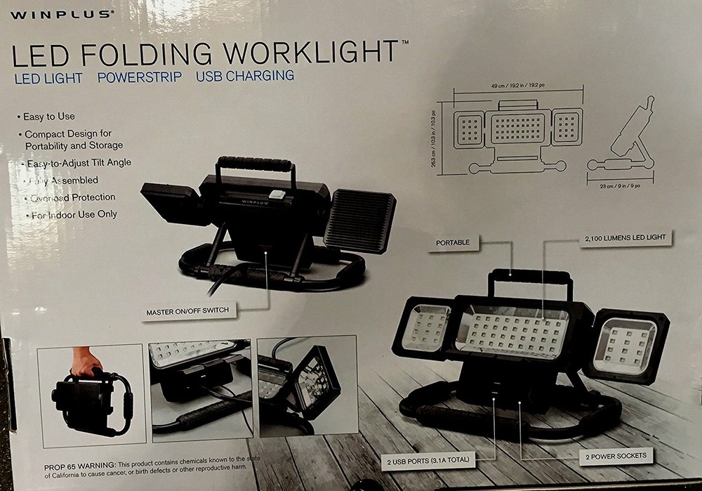 2100 Lumens LED Panel Folding Work Light with AC USB Power Strip Mountable
