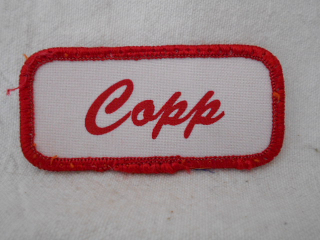 COPP  USED SILK SCREEN NAME PATCH TAG RED ON WHITE