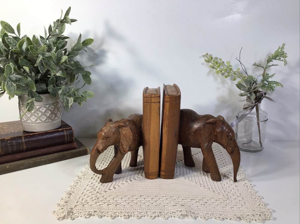 Elephant Bookends~Hand Carved Solid Wood~6” Tall~