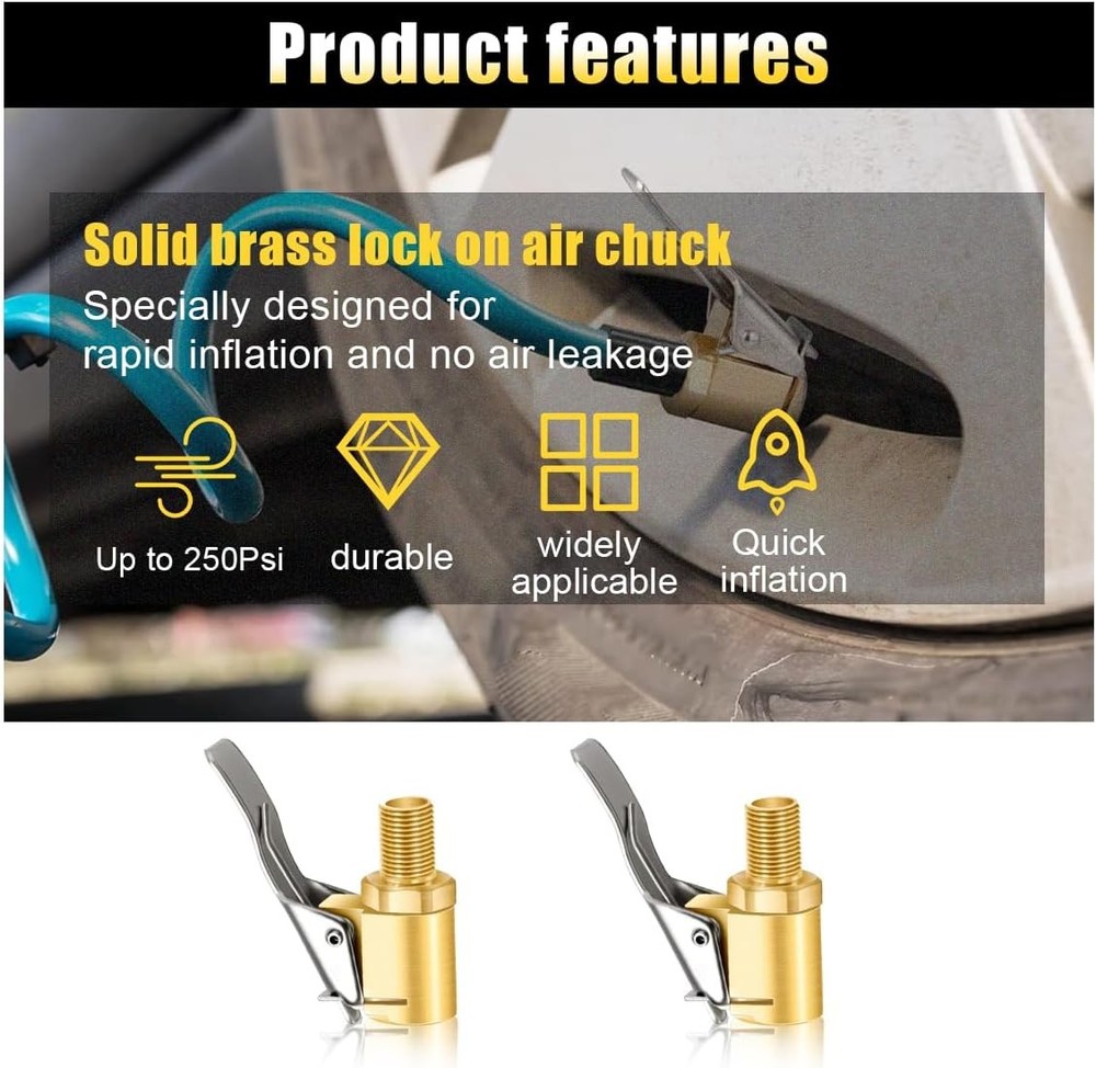 2-Pack Brass Tire Air Chuck, Locking Quick Connect Inflator Hose Adapter