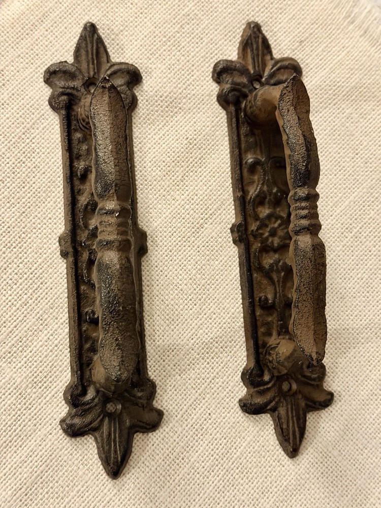 2 Large Victorian Door Handle Pull Cast Iron Fleur De Lis Design Rustic Gothic