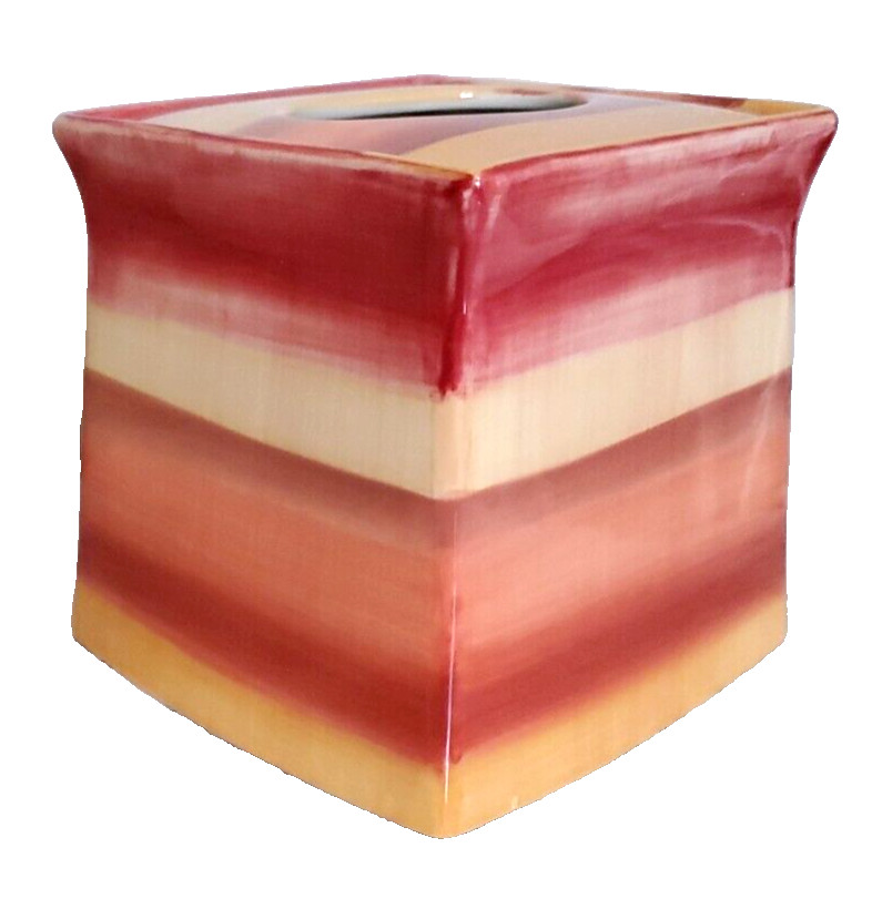 TISSUE BOX COVER CERAMIC HORIZON STRIPES  6X6X6"