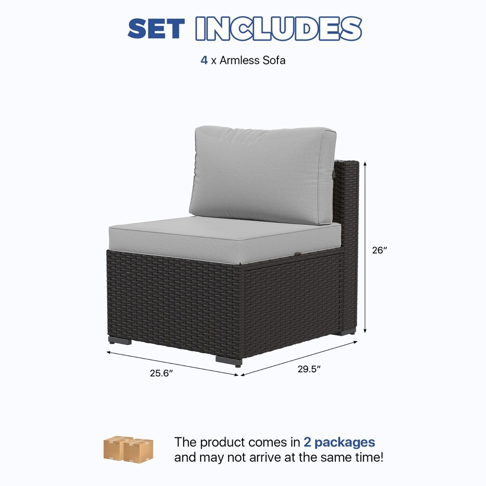 4-Piece Black Rattan Sofa Set with Light Gray Cushions