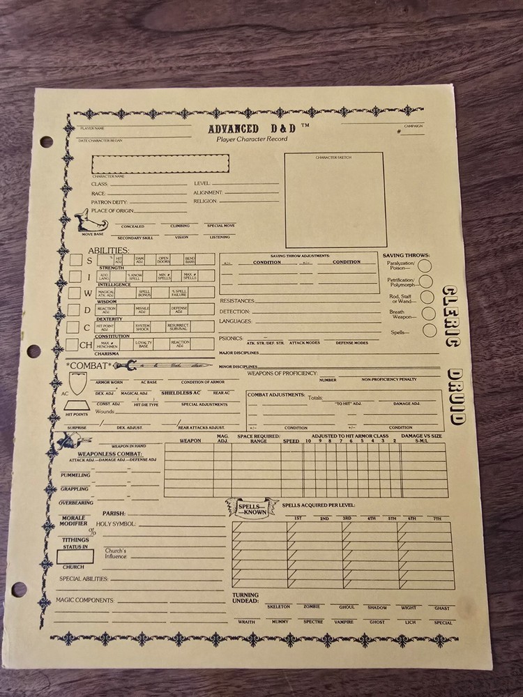 AD&D REF2 Player Character Record Sheet Singles Cleric/Druid TSR