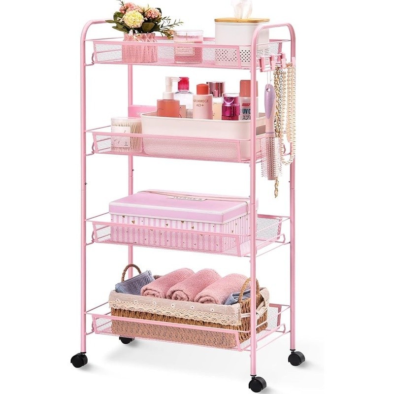 Rolling Storage Cart W/ Mesh Baskets Hooks Quiet Wheels Multi-Function Organizer