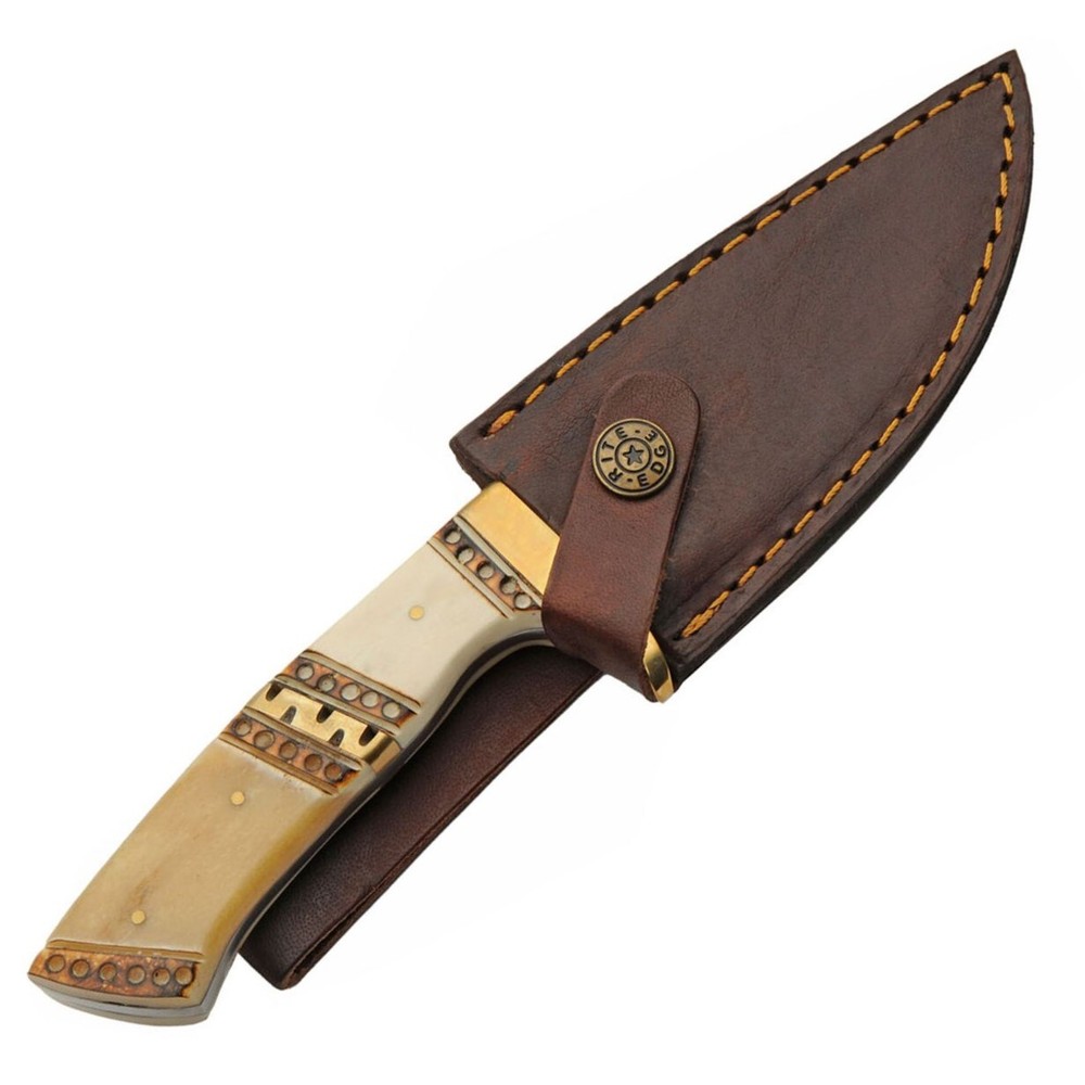 Hunting Knife Stainless Blade Drop Blade Bone/Brass Handle Leather Sheath | 9in.