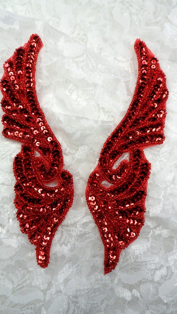 JB241 Red Wings Appliques Mirror Pair Designer Sequin 7"
