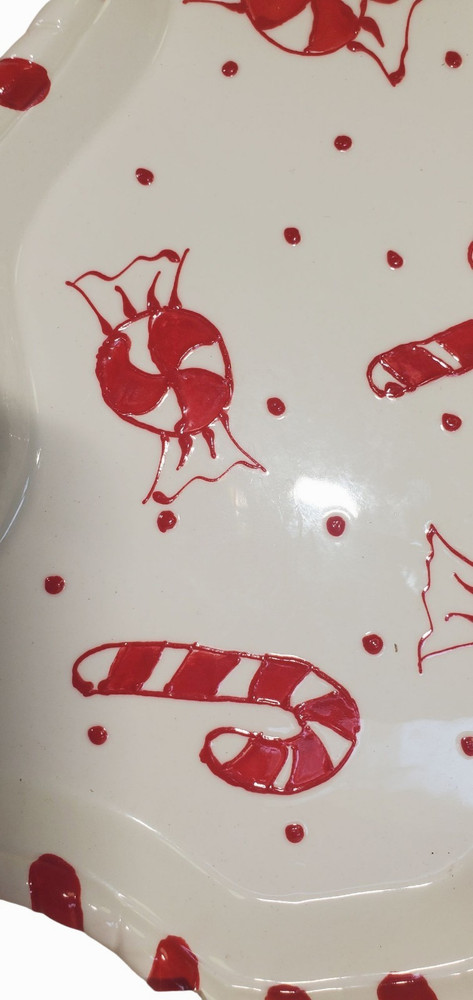 Vintage Hand Painted Red Christmas Tree Cookie Platter Candy Cane Peppermint