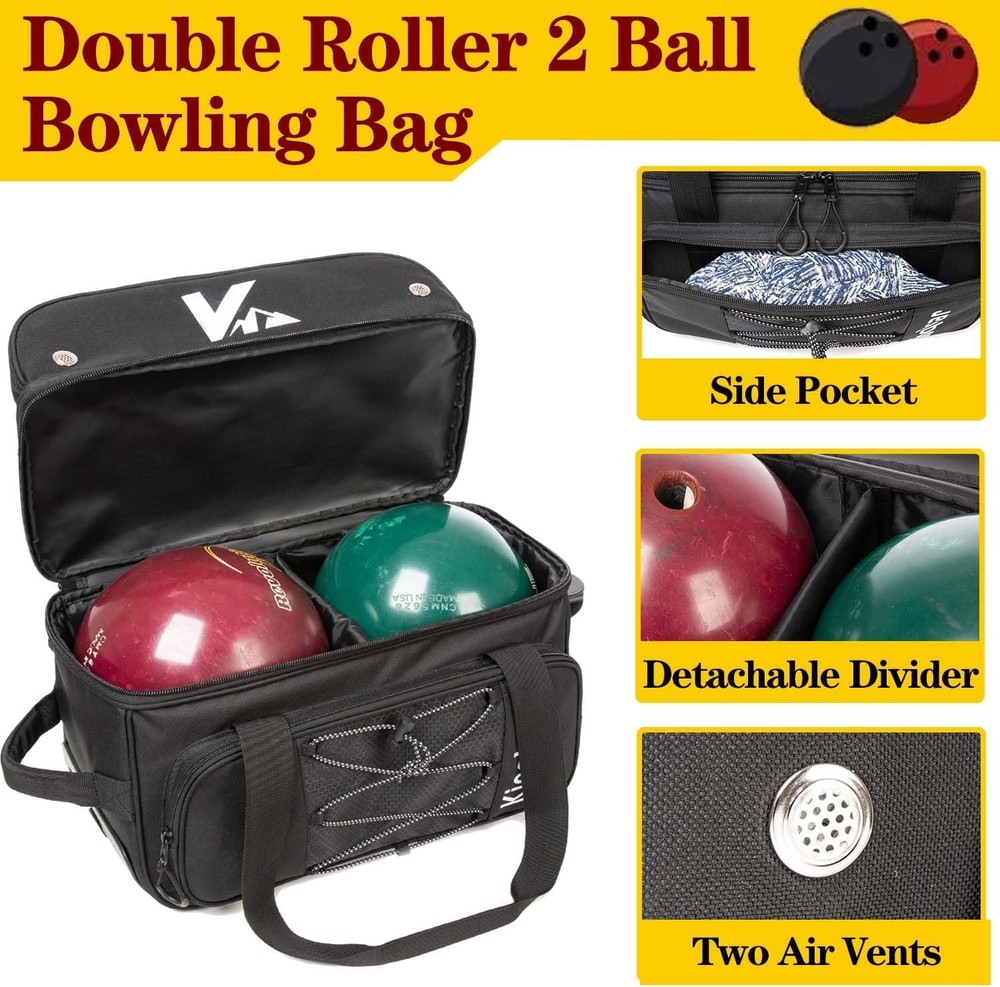 Double Roller 2 Ball Bowling Bag with Separate Shoe Compartment for Bowling