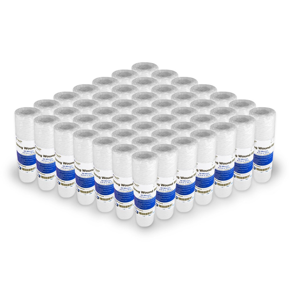 String Wound Sediment Water Filter Cartridge Standard 2.5x10" 50 Micron 50 Pack