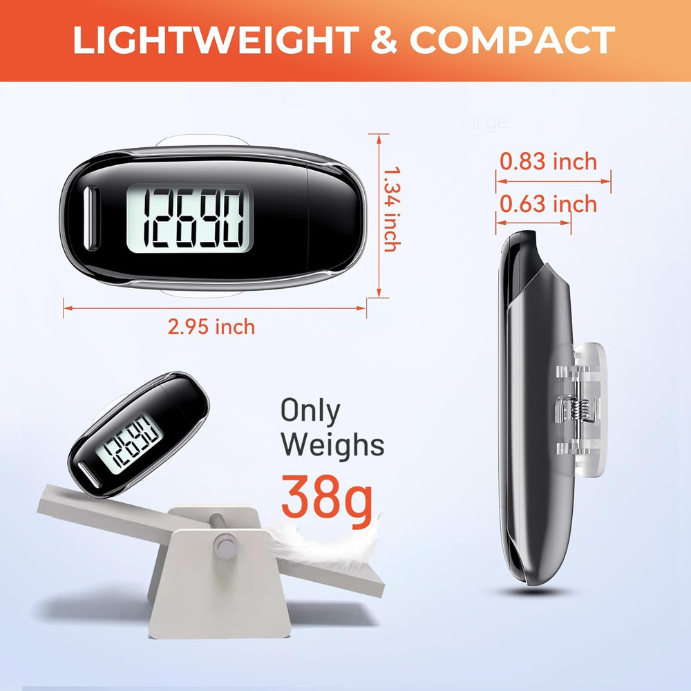 3D Pedometer Step Counter, USB Rechargeable with Removable Clip, Backlight