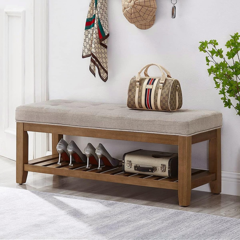 Large Rectangular Upholstered Tufted Linen Fabric Ottoman Bench, Padded Bench...