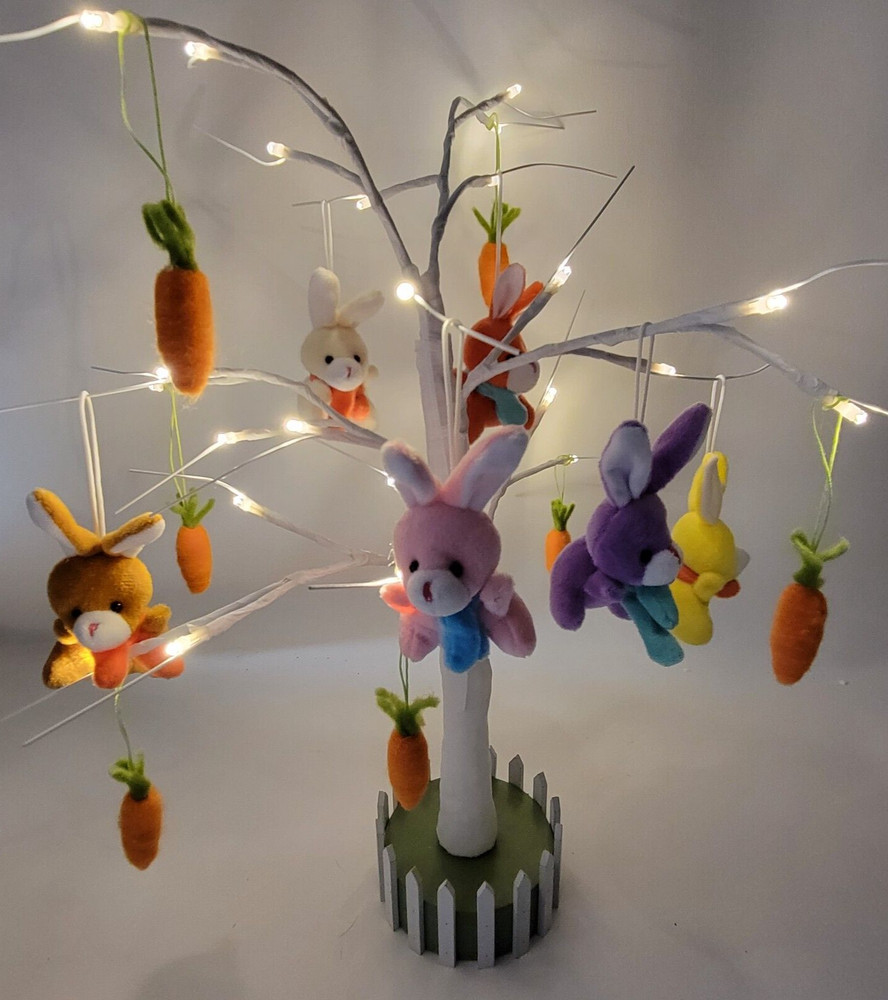 Lighted 22 Inch Easter Spring Tree 14 Hanging Plush Ornaments Rabbits Carrots