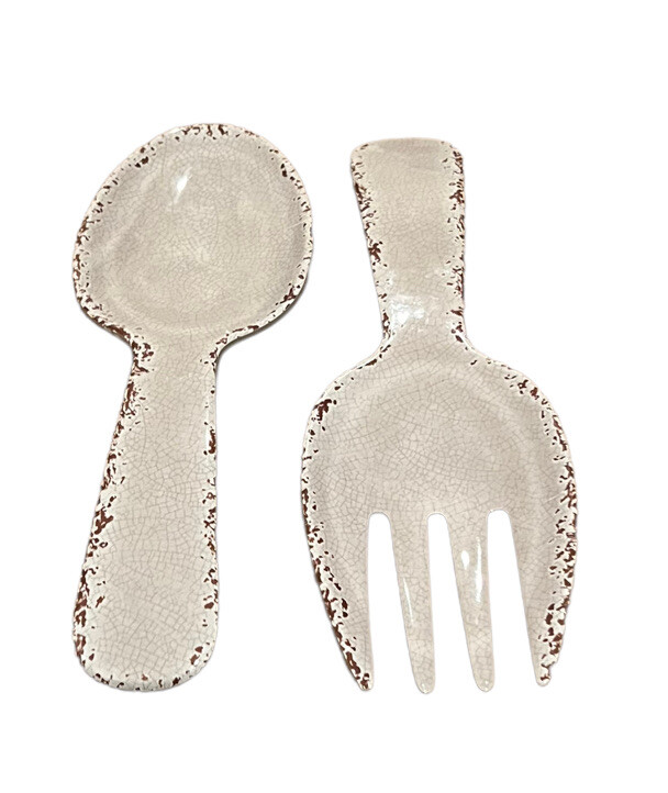 Tommy Bahama Cream Gray Rustic Crackled Salad Server Set Serving Spoon Fork