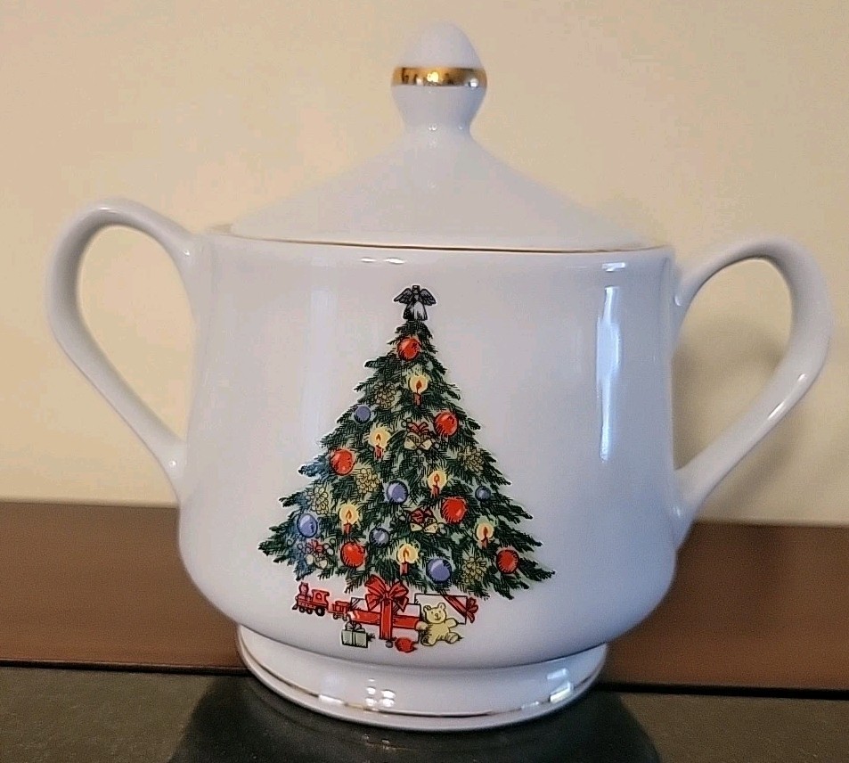 Ceramic Christmas Tree Sugar Dish With Cover & Gold Trim New