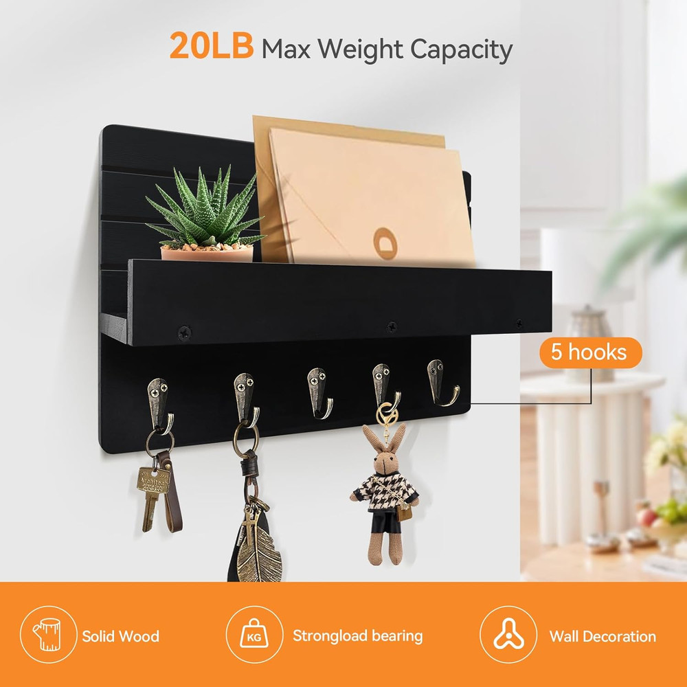 Key Holder Wall Mount, Rustic Key Hooks for Wall with Shelf for Mail Organizer,