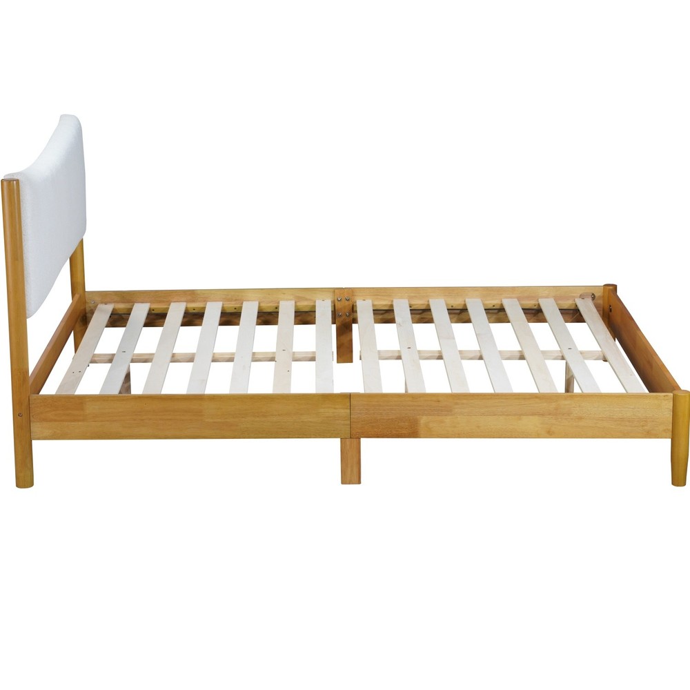 Queen Size Solid Wood Platform Bed Frame w/ Upholstered Headboard Natural