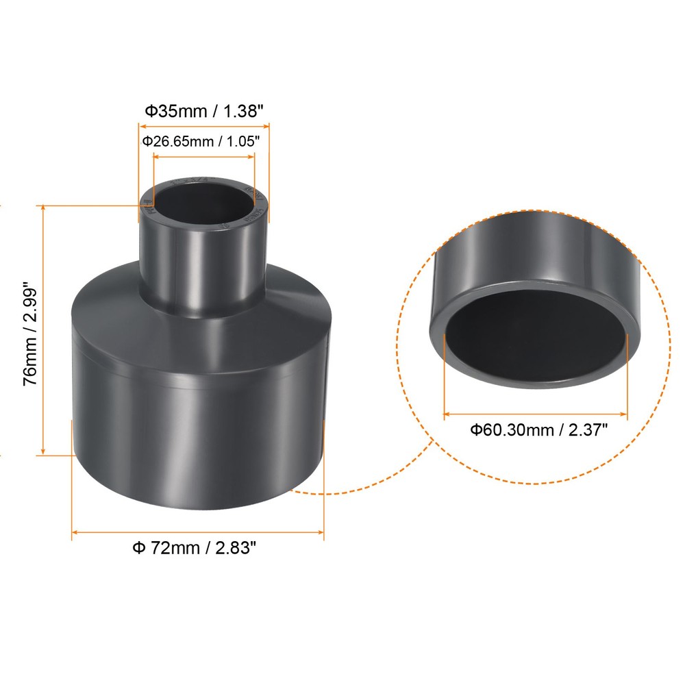 UPVC Reducer Pipe Fitting 2"x 1/2" Program Socket 3pcs Straight Coupling