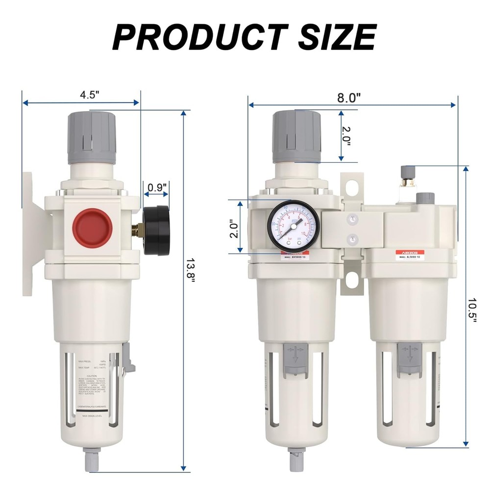 1" NPT Compressed Air Filter Regulator Lubricator Combo, Air Compressor Water Se