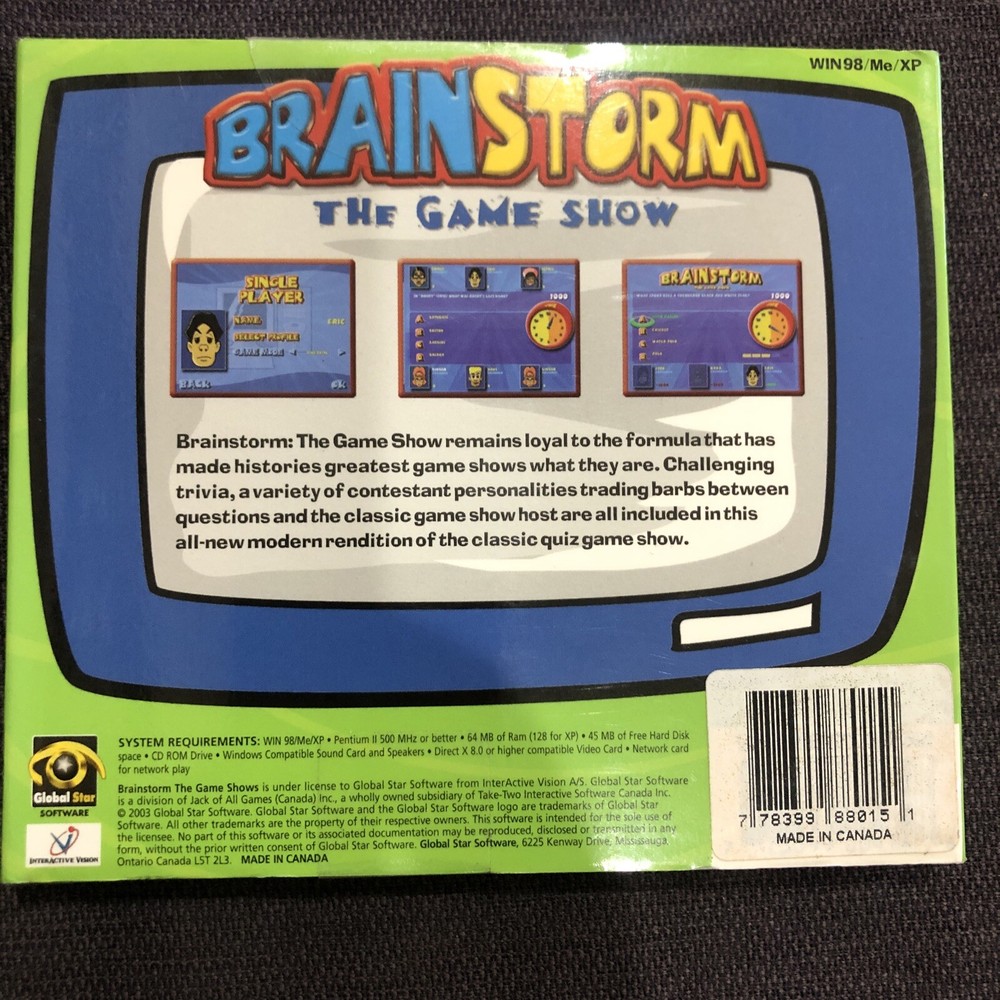 2003 Brainstorm The Gameshow Windows 98/Me/XP PC CD Rom Game