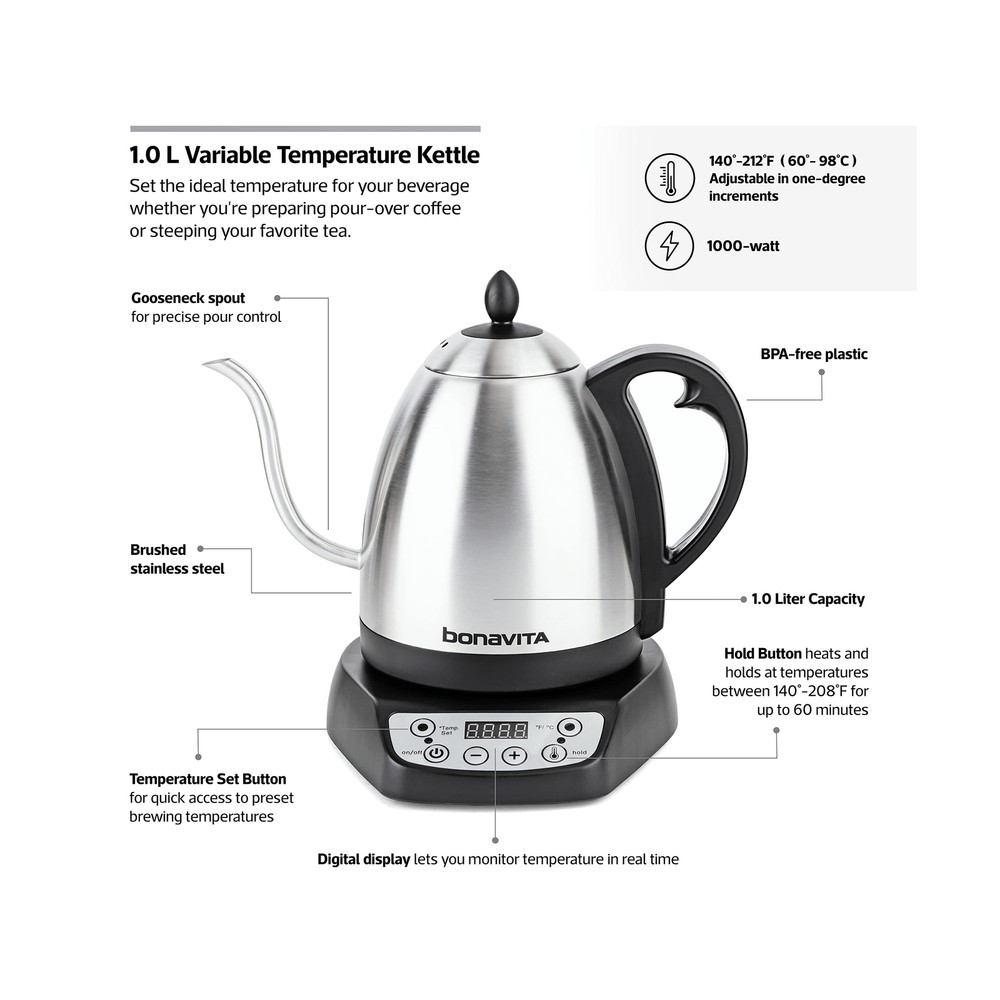 Bonavita BV382510V 1.0L Digital Variable Temperature Gooseneck Kettle
