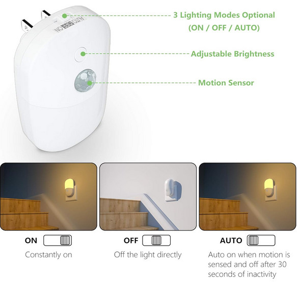MAZ-TEK Plug in Motion Sensor Dimmable Night Light, Soft Warm White LED,2 Pack