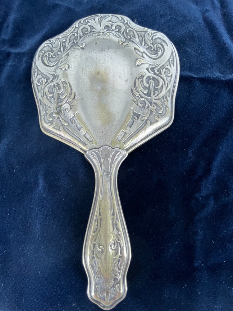 Handheld Glass Mirror Antique G Silver German Silver