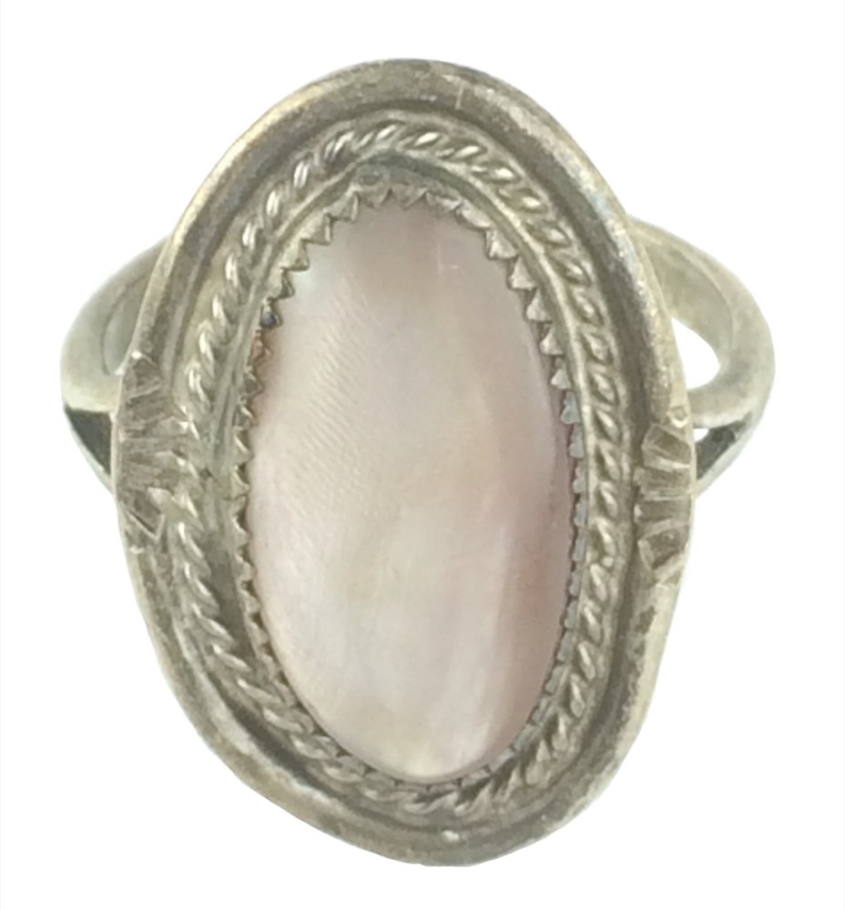 Vintage Sterling ? Ring Oval Pale Pink Stone Hand Made