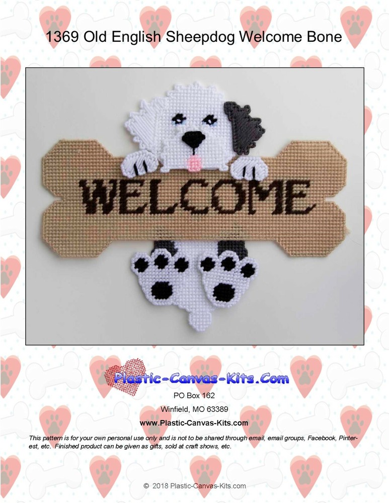 Old English Sheepdog Welcome Bone- Plastic Canvas Pattern or Kit