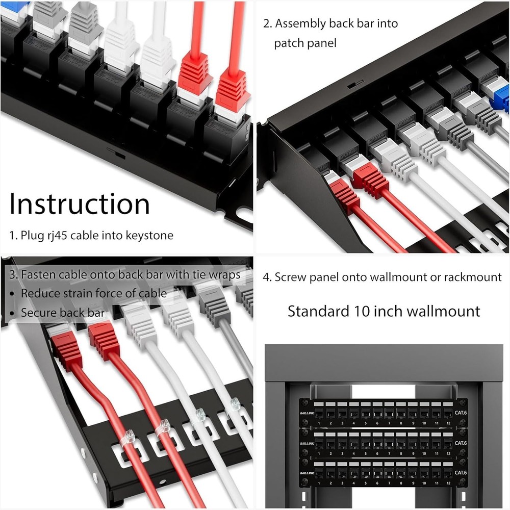 10Gbps Patch Panel 12 Port, 10-Inch Through Coupler RJ45 Cat6 Patch Panel wit...