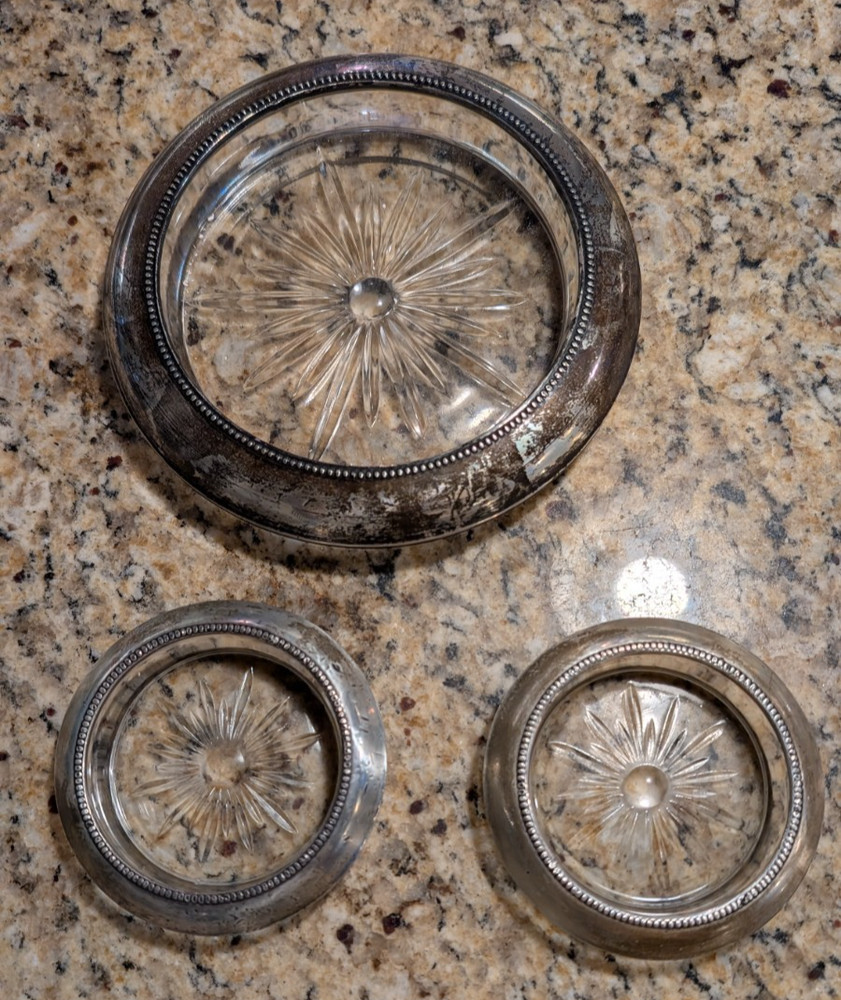 Vintage Frank M Whiting Sterling Silver Crystal Ashtray Coasters (3)