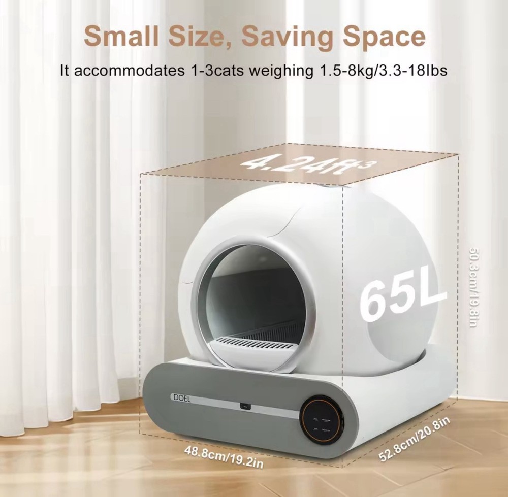 DOEL Self Cleaning Cat Litter Box Automatic 65L APP Control w Trash Bag Mat WiFi