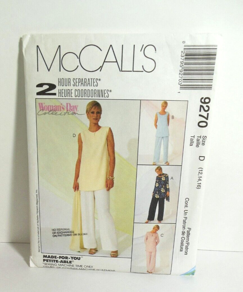 McCall's 2 HOUR Sewing Pattern 9270 Pull On Pants Tunic Top Scarf Size 12 14 16