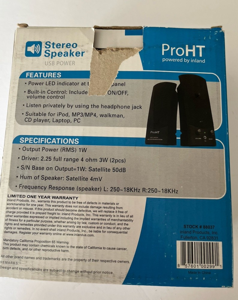 ProHT powered by inland Stereo Speakers, USB Power