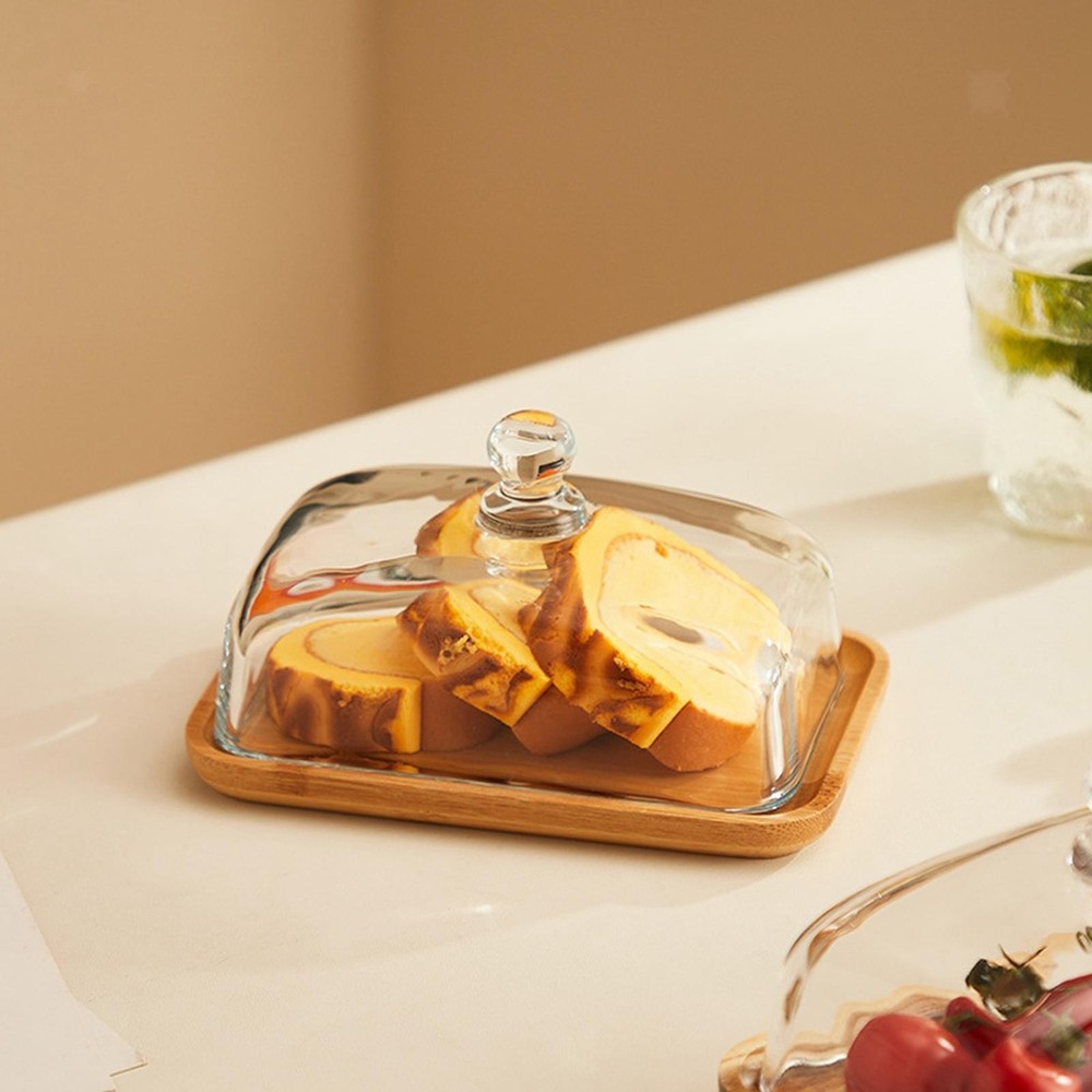 Bamboo Cake Plate Cake Tray Appetizer Platter Rectangular Fruit Plate with Dome