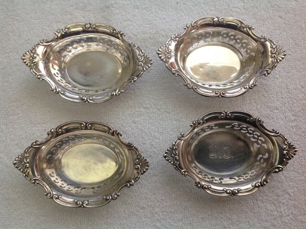 4 GORHAM STERLING SILVER PIERCED NUT BOWL DISH, ONE MONOGRAMMED