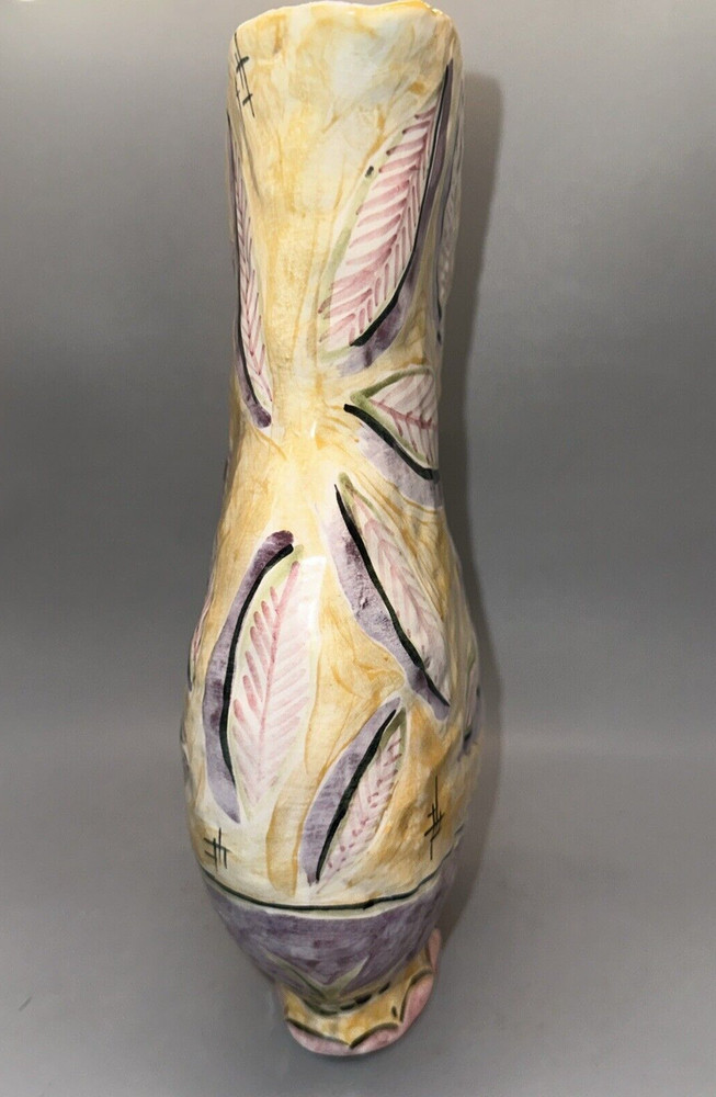 VINTAGE MCM SIGNED ITALIAN? HAND PAINTED POTTERY PITCHER LEAF PATTERN