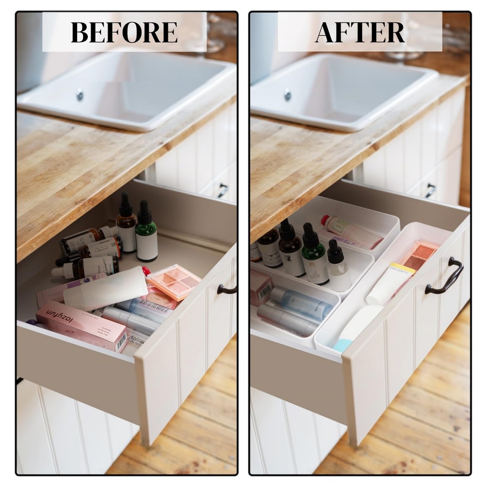 6 Pack Plastic Drawer Organizer, 10'' x 3.3'' x 1.8'' White Stackable Vanity ...