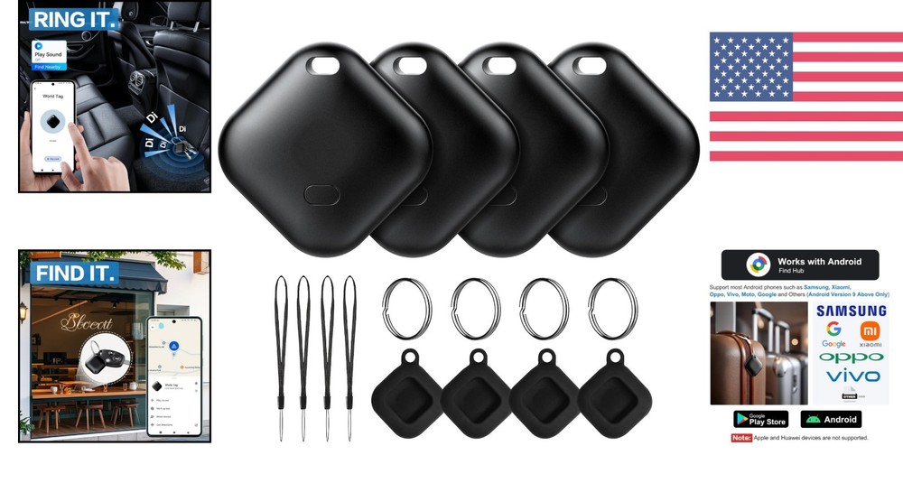4-Pack Bluetooth Air Tracker Tags for Android - Secure Luggage & Key Finder