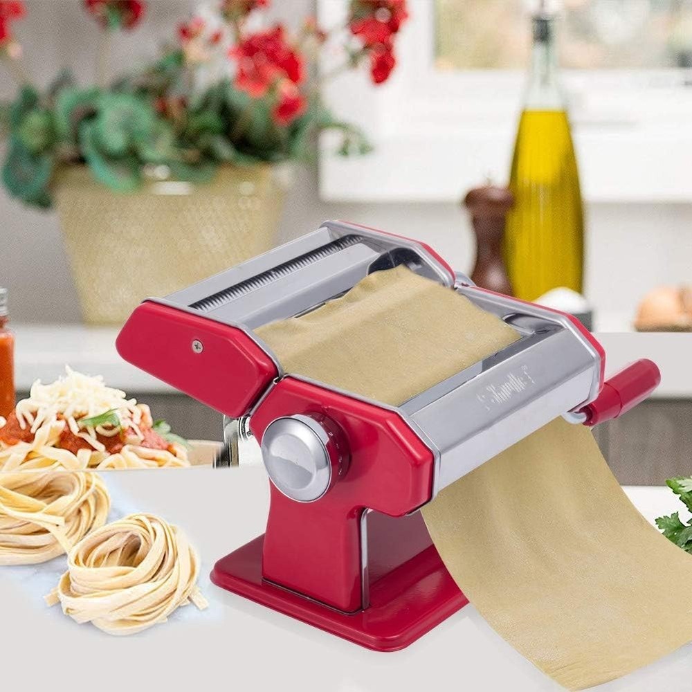 Red Stainless Steel Manual Pasta Maker Machine with Adjustable Rollers and Cu...