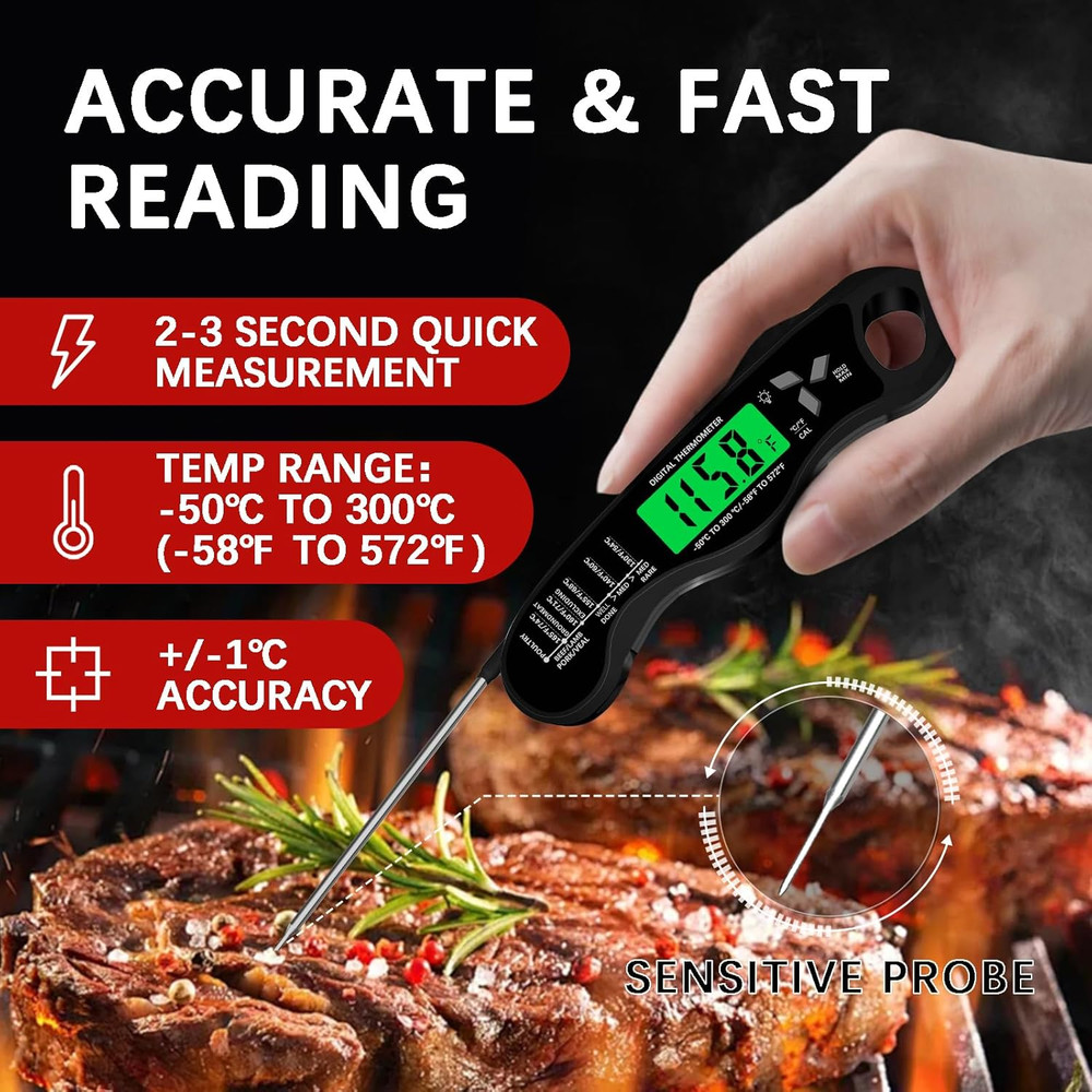Meat Thermometer Digital，Ip67 Waterproof Cooking Thermometer with Backlight, Cal