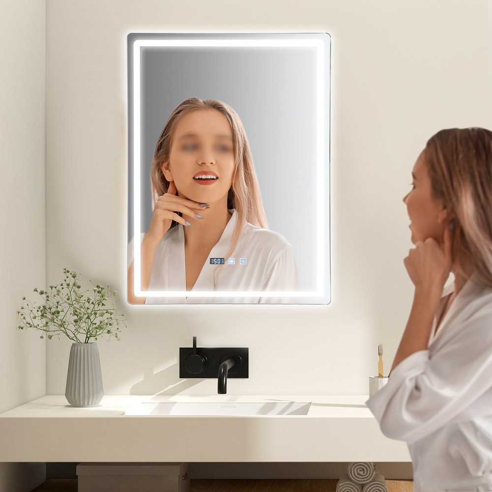 LED-Bathroom-Mirror Rectangular Dimmable Anti-Fog Mirror w/ Light Wall Mounted