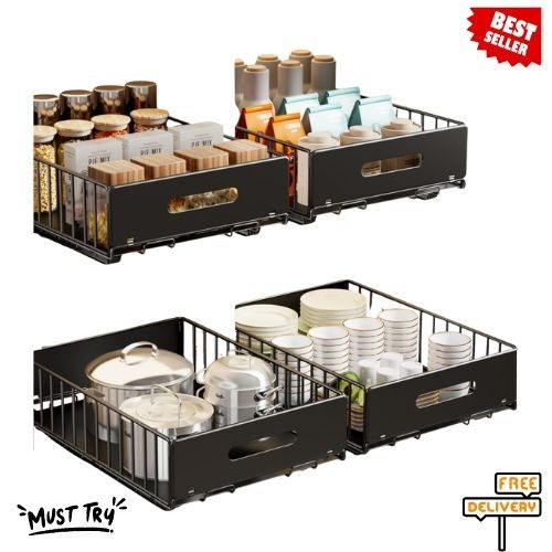 NEW 2 Pack Pull Out Cabinet Organizer Slide Out Drawers Heavy Duty Black