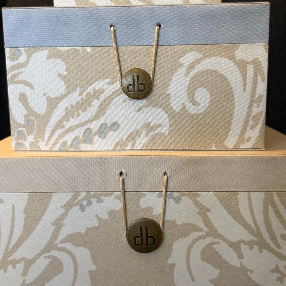 3 Pc Dennis Basso Home Nesting Decorative Storage Boxes Damask Fabric Cream Blue